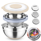 TeamFar Colander with Mixing Bowl Set 4-1 Stainless Steel Mixing Bowl Strainer with Airtight Lid & 3 Grater Attachments For Filtering/Prepping Healthy & Faster Drainage – Khaki