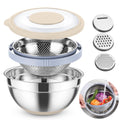 TeamFar Colander with Mixing Bowl Set 4-1 Stainless Steel Mixing Bowl Strainer with Airtight Lid & 3 Grater Attachments For Filtering/Prepping Healthy & Faster Drainage – Khaki