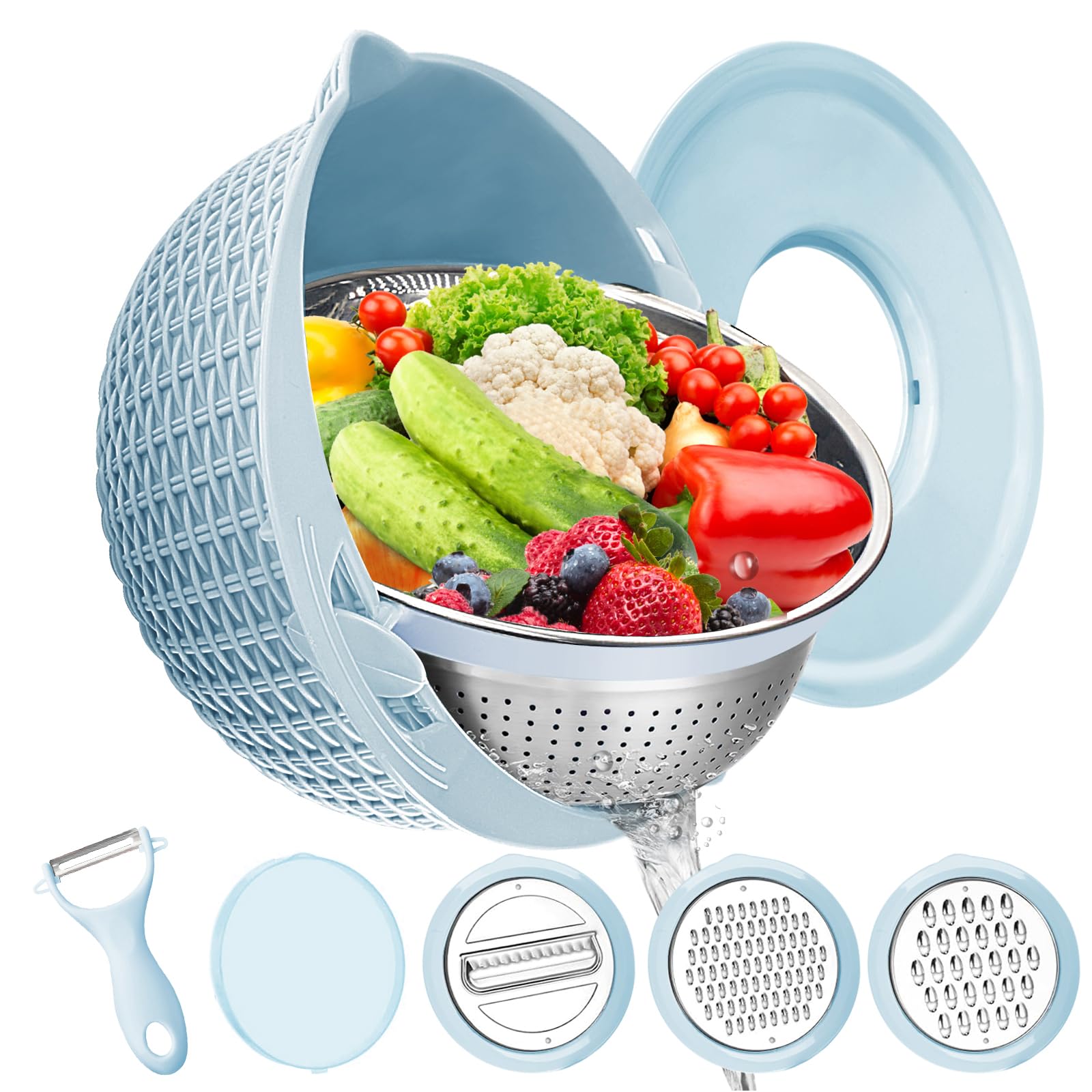 4-1 Colander with Mixing Bowl Set PIYIENR Food Strainers and Colanders with Graters for Kitchen Pasta Rice Strainer Rinser Fruit and Veggie Washer Basket Salad Spinner Colander Strainer Bowl